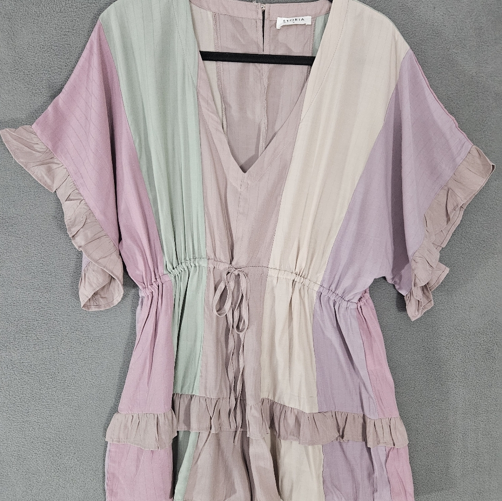 STORIA Flirty V-Neck Romper Medium Drawstring Waist Ruffled Pastel Stripes Boho